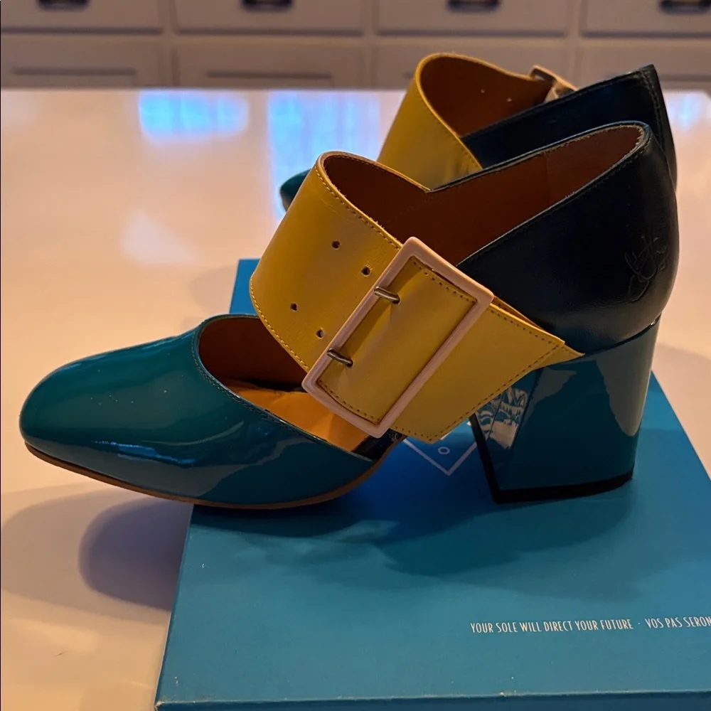 John Fluevog Teal and Yellow Heels Hermine Buckle 6.5 - Picture 5 of 8